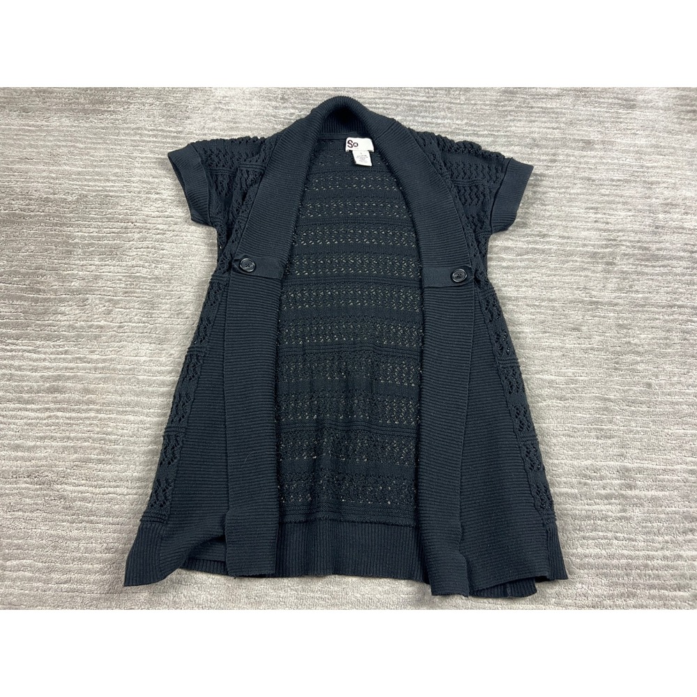 SO Cardigan Womens Small Black Short Sleeve Open Front Pointelle Crochet Knit